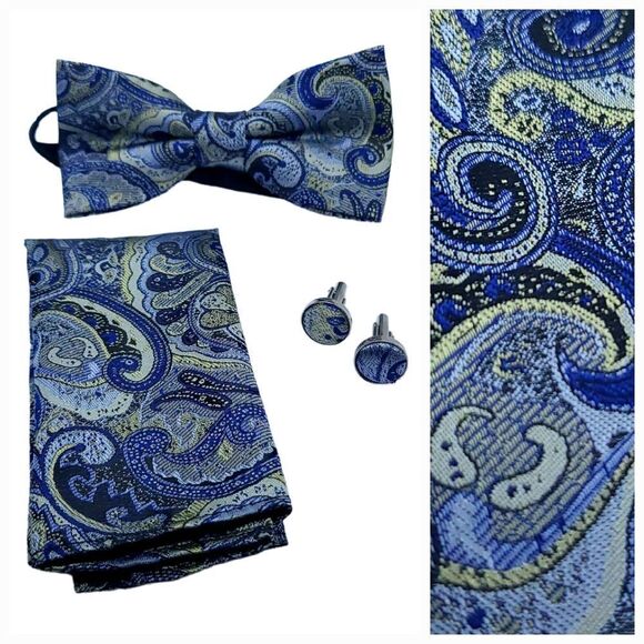 New Bow Tie Pocket Square Cufflink 3pc Set Navy Paisley Wedding Formal Prom Tux - Picture 1 of 10
